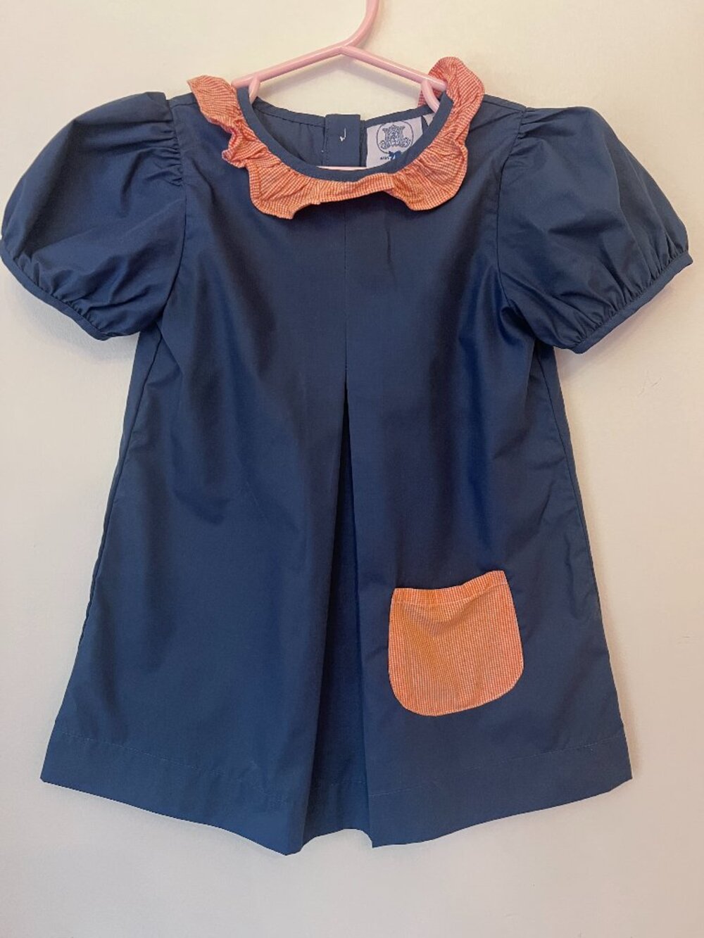 Mary Helen Designs Navy Blue & Orange Seersucker Accent Ruffle Dress 2T